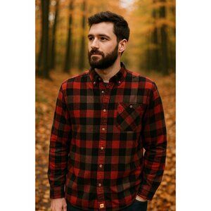 Boston Traders Red Black Plaid Flannel Shirt L Vintage Lumbercore Cozy Layer Cab